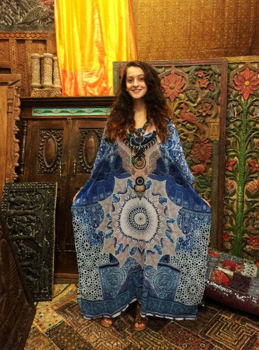 F4750 Maxi Tribal Print Scoop Neck Casual Blue Dress Cover Up